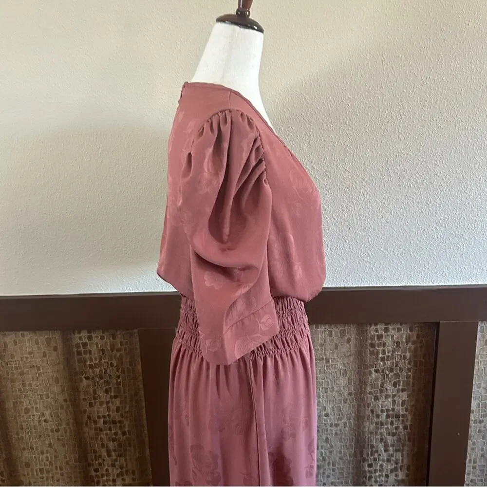 Anthropologie Castille Satin Jacquard Wide Leg Jumpsuit in Rose/Brown Sz Small